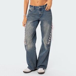Edikted Blue Wide-Leg Jeans with Pink Lace-Up Sides